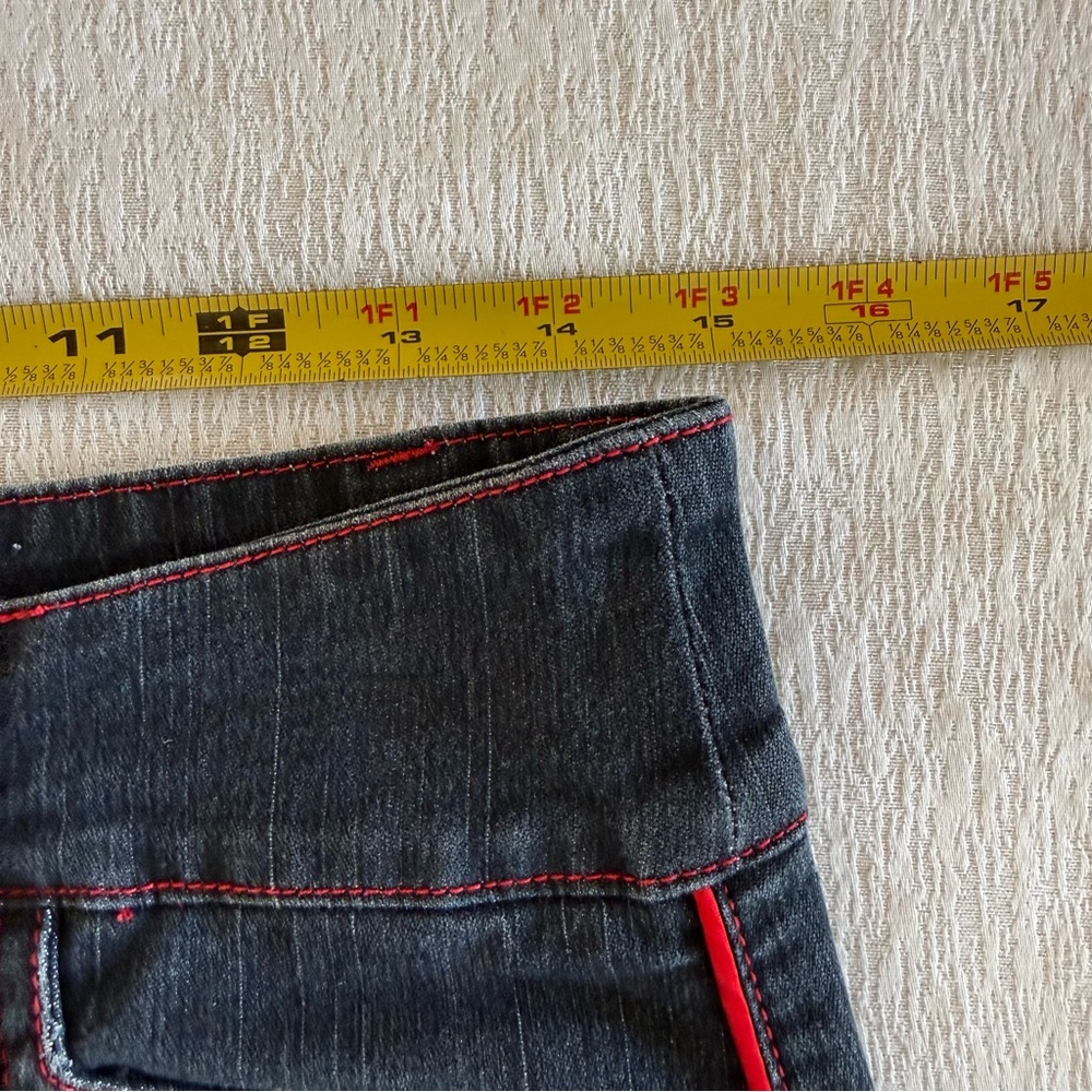 Womens Size 7/8 Dark Wash Denim Mini Skirt Red Stitch Low Rise - Picture 8 of 13